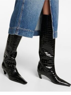 Khaite black Davis croc-effect leather knee-high boots